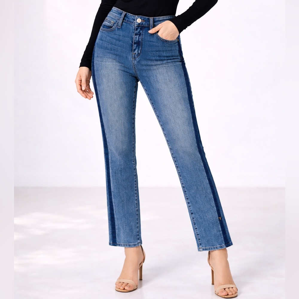 Flying Monkey Platinum Jeans 28 Style # Y2174 Blue Pinstripe Sides‎ Raw Cut Hem
